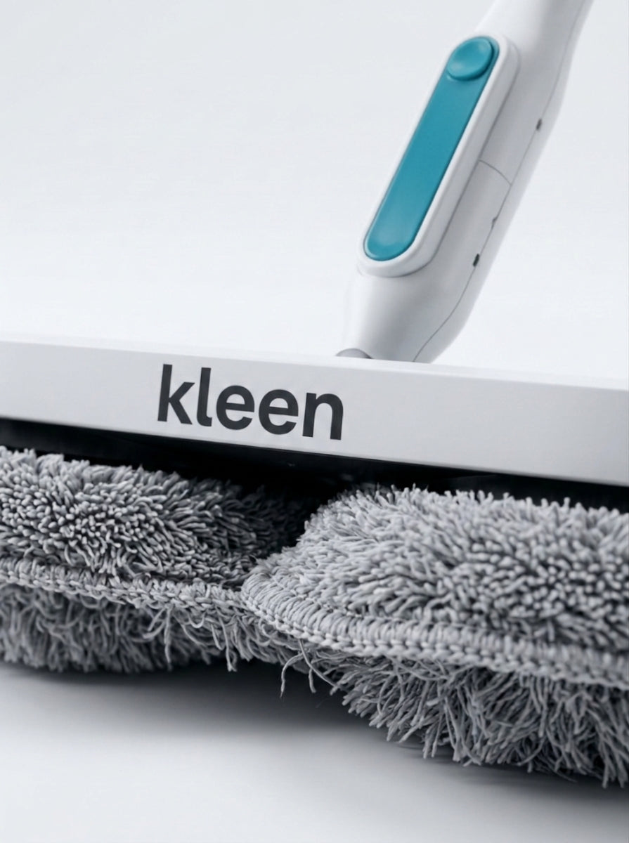 Close-up of the microfiber mop head with the Kleen logo