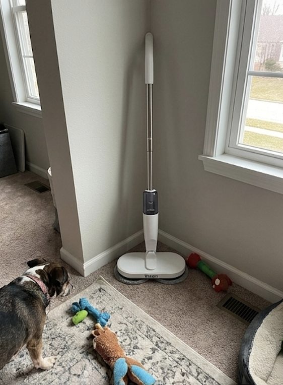 Customer photo: KleenMop standing upright in a corner of a living room next to a dog